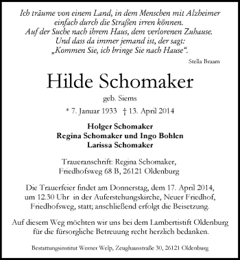 Traueranzeige von Hilde Schomaker von Nordwest-Zeitung