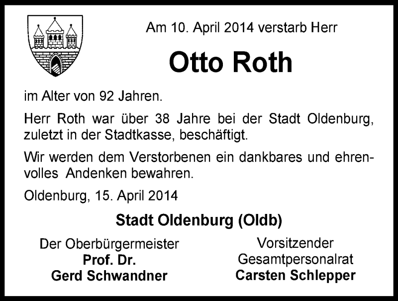  Traueranzeige für Otto Roth vom 15.04.2014 aus Nordwest-Zeitung