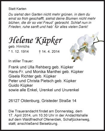 Traueranzeige von Helene Küpker von Nordwest-Zeitung