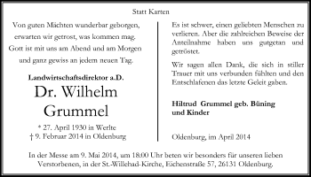 Traueranzeige von Dr. Wilhelm Grummel von Nordwest-Zeitung