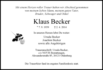 Traueranzeige von Klaus Becker von Nordwest-Zeitung