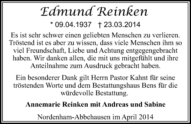  Traueranzeige für Edmund Reinken vom 26.04.2014 aus Nordwest-Zeitung