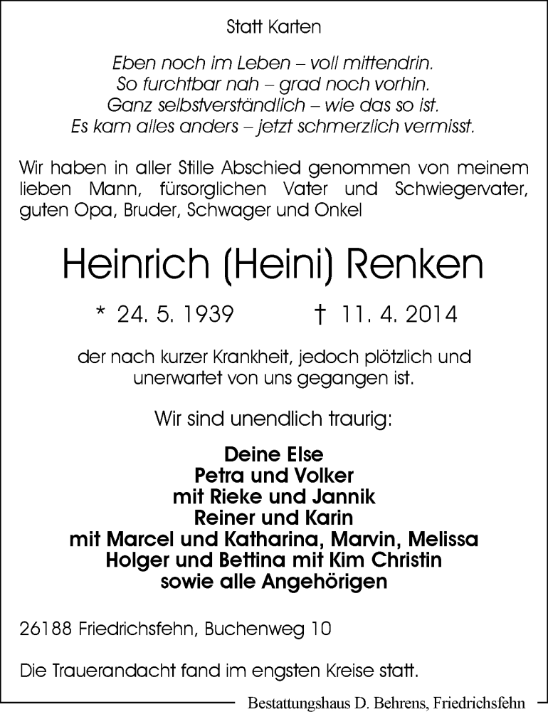 Traueranzeige für Heinrich Renken vom 17.04.2014 aus Nordwest-Zeitung