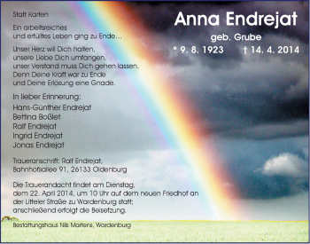 Traueranzeige von Anna Endrejat von Nordwest-Zeitung