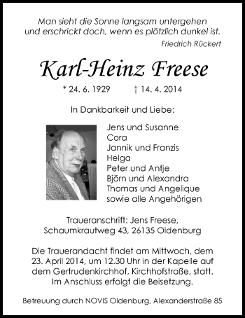 Traueranzeige von Karl-Heinz Freese von Nordwest-Zeitung