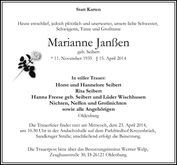 Traueranzeige von Marianne Janßen von Nordwest-Zeitung