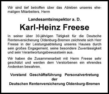 Traueranzeige von Karl-Heinz Freese von Nordwest-Zeitung