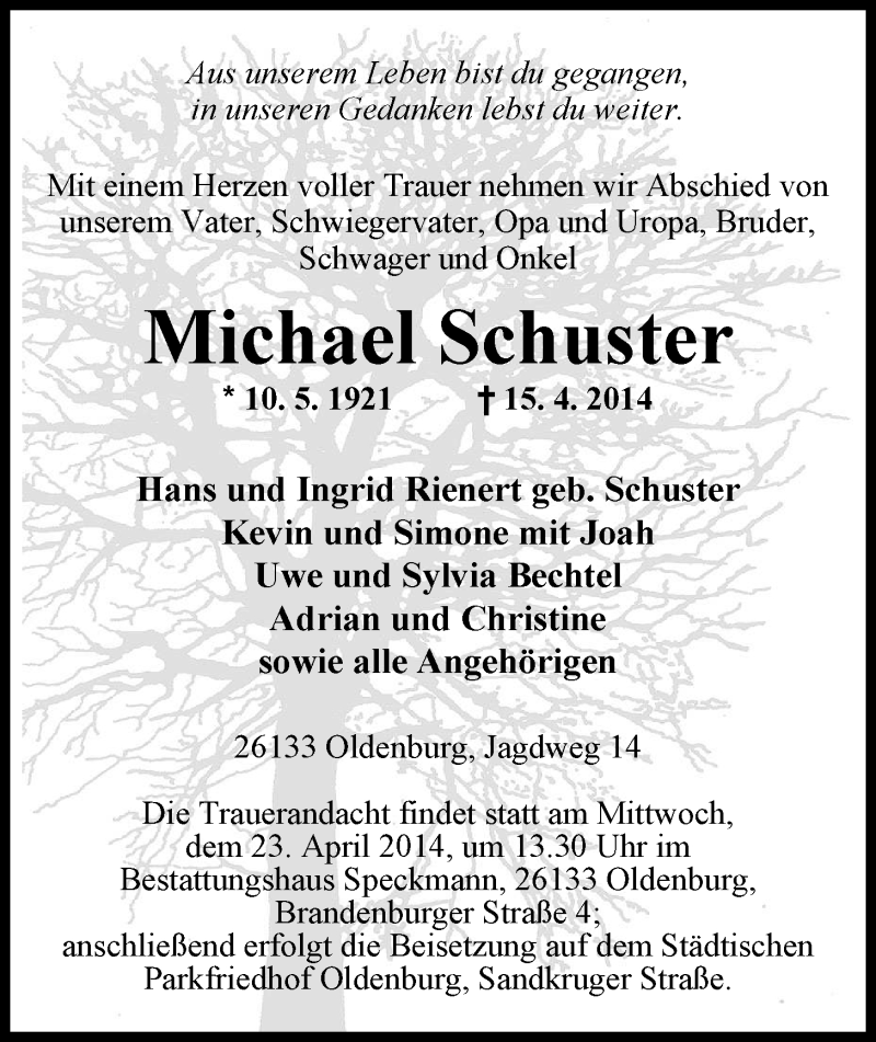  Traueranzeige für Michael Schuster vom 19.04.2014 aus Nordwest-Zeitung