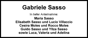Traueranzeige von Gabriele Sasso von Nordwest-Zeitung