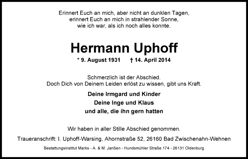  Traueranzeige für Hermann Uphoff vom 22.04.2014 aus Nordwest-Zeitung