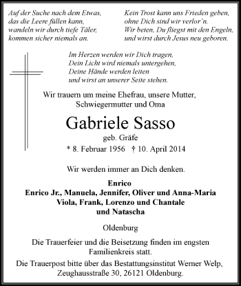 Traueranzeige von Gabriele Sasso von Nordwest-Zeitung