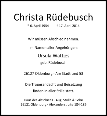 Traueranzeige von Christa Rüdebusch von Nordwest-Zeitung