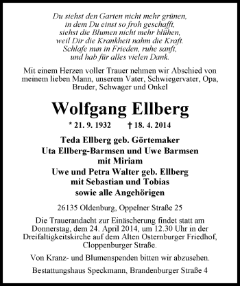 Traueranzeige von Wolfgang Ellberg von Nordwest-Zeitung