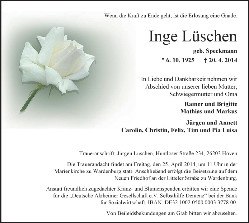  Traueranzeige für Inge Lüschen vom 23.04.2014 aus Nordwest-Zeitung