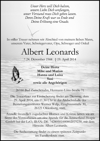 Traueranzeige von Albert Leonards von Nordwest-Zeitung