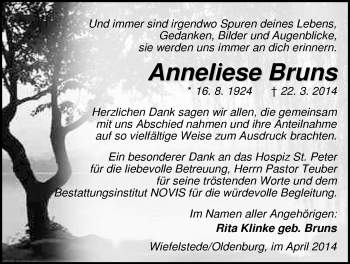 Traueranzeige von Anneliese Bruns von Nordwest-Zeitung