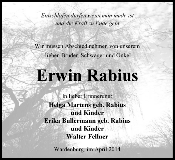 Traueranzeige von Erwin Rabius von Nordwest-Zeitung