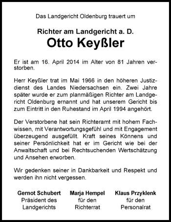 Traueranzeige von Otto Keyßler von Nordwest-Zeitung