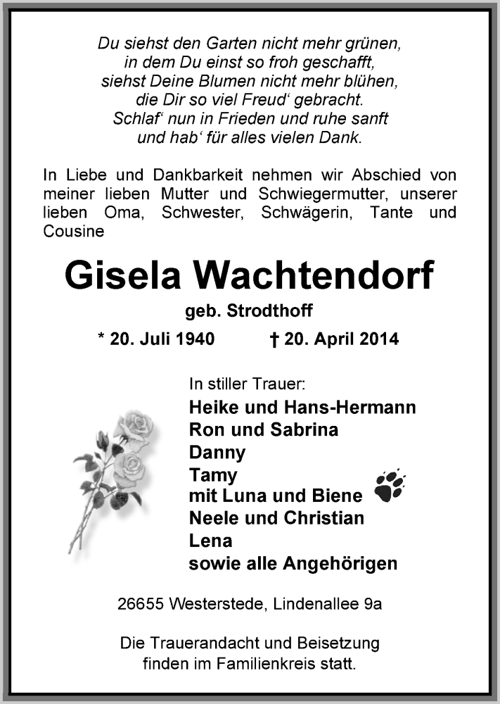 Traueranzeige für Gisela Wachtendorf vom 24.04.2014 aus Nordwest-Zeitung