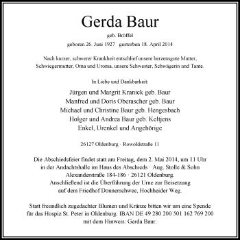 Traueranzeige von Gerda Baur von Nordwest-Zeitung