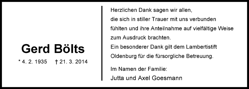  Traueranzeige für Gerd Bölts vom 26.04.2014 aus Nordwest-Zeitung