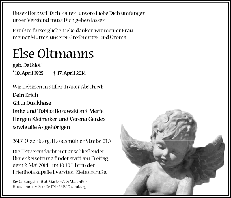  Traueranzeige für Else Oltmanns vom 26.04.2014 aus Nordwest-Zeitung