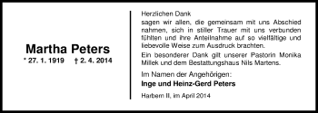 Traueranzeige von Martha Peters von Nordwest-Zeitung