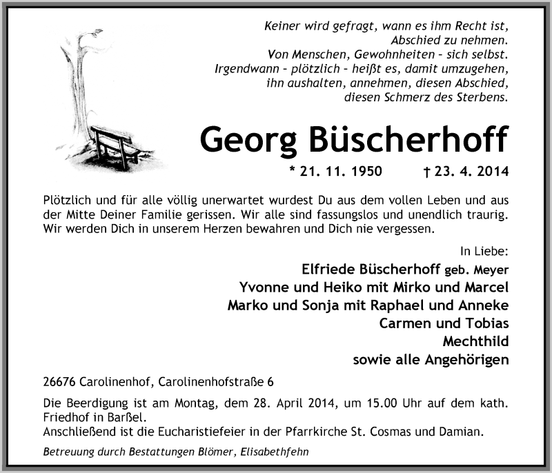  Traueranzeige für Georg Büscherhoff vom 25.04.2014 aus Nordwest-Zeitung
