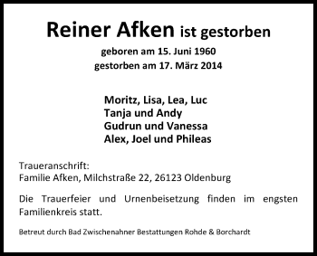 Traueranzeige von Reiner Afken von Nordwest-Zeitung