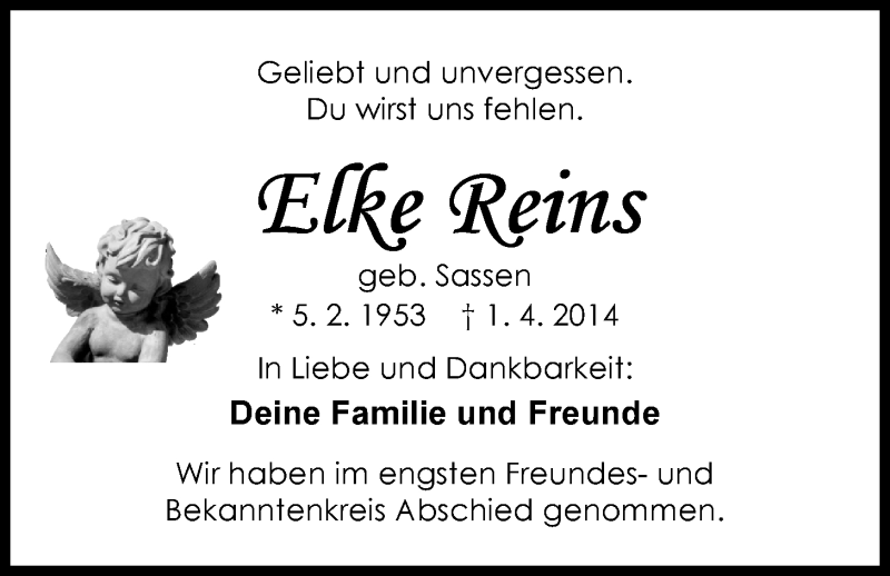 Traueranzeige für Elke Reins vom 26.04.2014 aus Nordwest-Zeitung