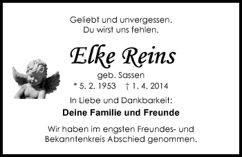 Traueranzeige von Elke Reins von Nordwest-Zeitung