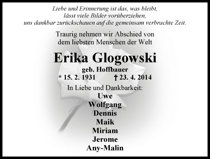  Traueranzeige für Erika Glogowski vom 26.04.2014 aus Nordwest-Zeitung