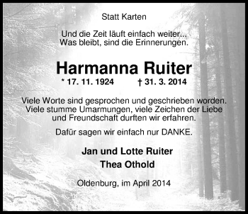 Traueranzeige von Harmanna Ruiter von Nordwest-Zeitung
