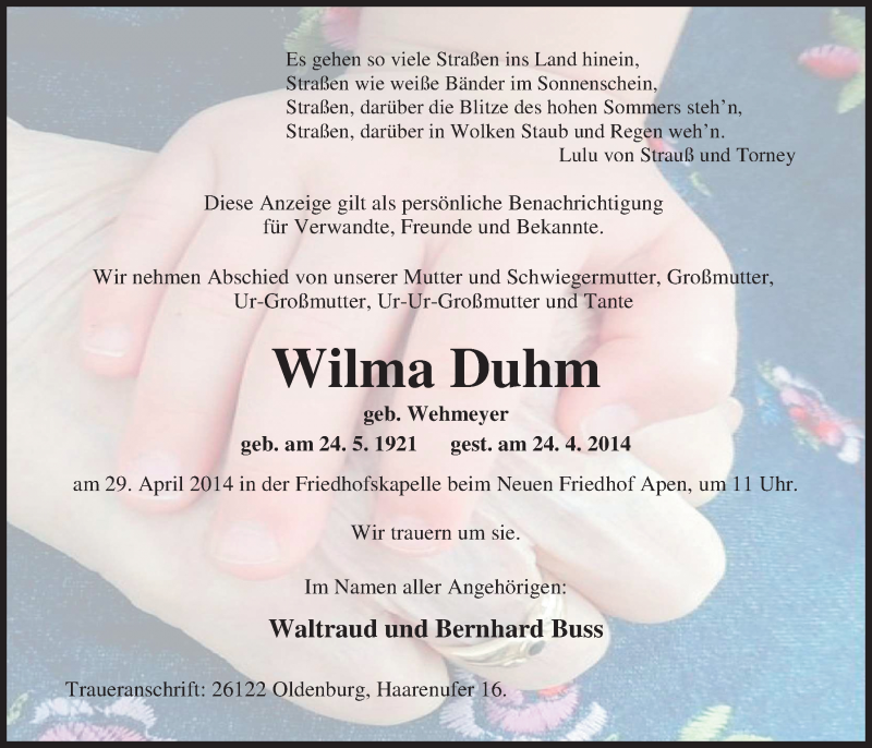  Traueranzeige für Wilma Duhm vom 26.04.2014 aus Nordwest-Zeitung