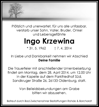 Traueranzeige von Ingo Krzewina von Nordwest-Zeitung