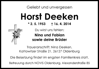 Traueranzeige von Horst Deeken von Nordwest-Zeitung