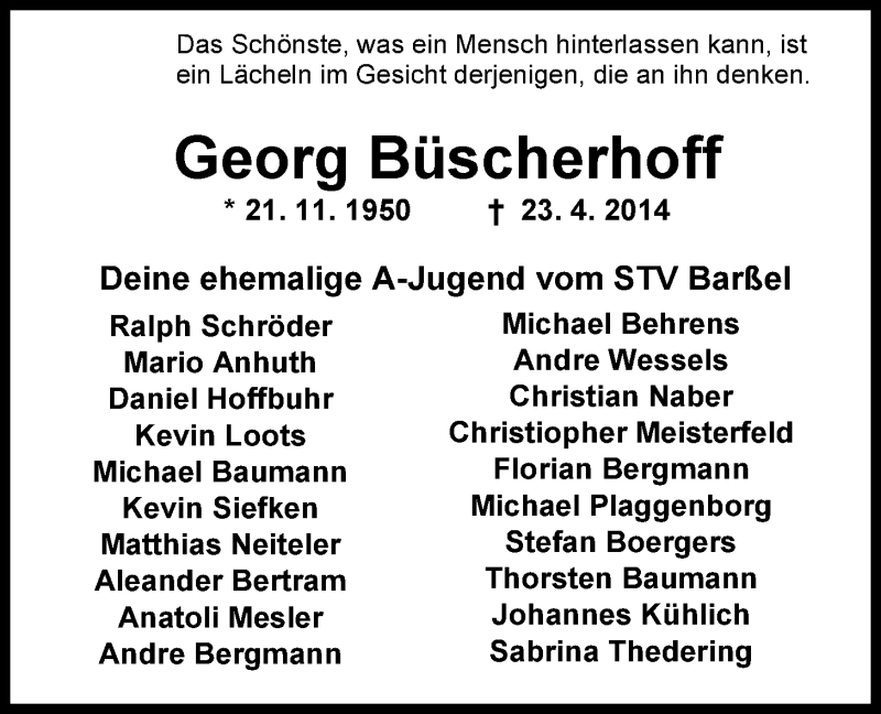  Traueranzeige für Georg Büscherhoff vom 26.04.2014 aus Nordwest-Zeitung