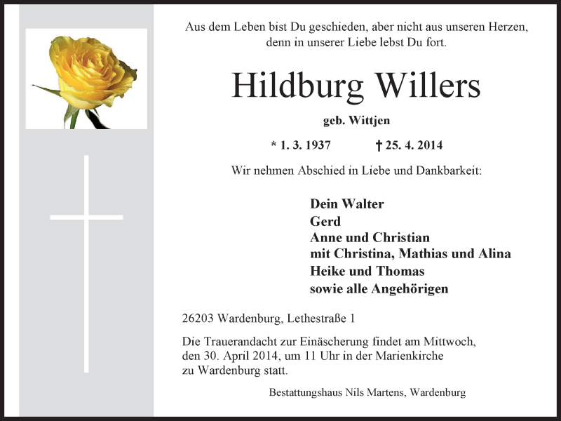  Traueranzeige für Hildburg Willers vom 28.04.2014 aus Nordwest-Zeitung