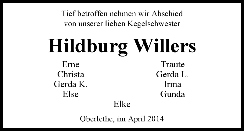  Traueranzeige für Hildburg Willers vom 28.04.2014 aus Nordwest-Zeitung