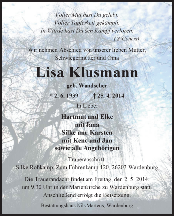 Traueranzeige von Lisa Klusmann von Nordwest-Zeitung