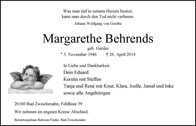  Traueranzeige für Margarethe Behrends vom 29.04.2014 aus Nordwest-Zeitung