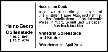 Traueranzeige von Heinz-Georg Gollenstede von Nordwest-Zeitung