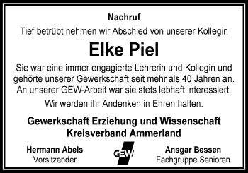 Traueranzeige von Elke Piel von Nordwest-Zeitung