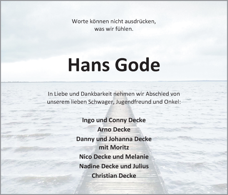  Traueranzeige für Hans Gode vom 29.04.2014 aus Nordwest-Zeitung