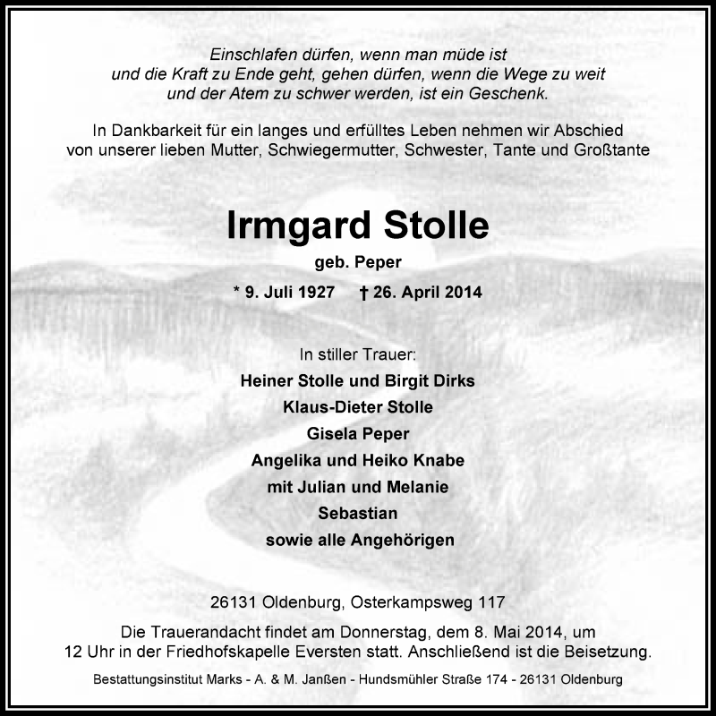  Traueranzeige für Irmgard Stolle vom 30.04.2014 aus Nordwest-Zeitung