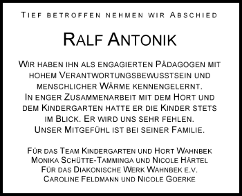 Traueranzeige von Ralf Antonik von Nordwest-Zeitung