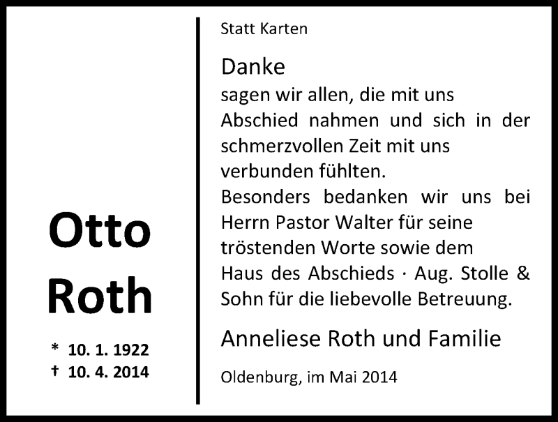  Traueranzeige für Otto Roth vom 03.05.2014 aus Nordwest-Zeitung