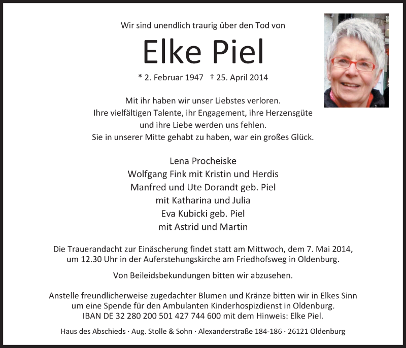  Traueranzeige für Elke Piel vom 30.04.2014 aus Nordwest-Zeitung