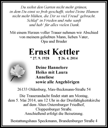 Traueranzeige von Ernst Kettler von Nordwest-Zeitung