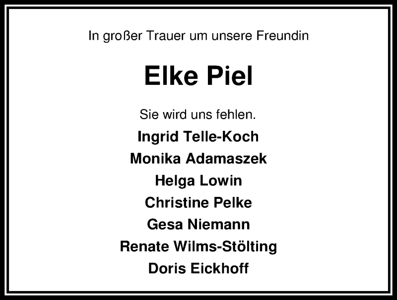  Traueranzeige für Elke Piel vom 30.04.2014 aus Nordwest-Zeitung